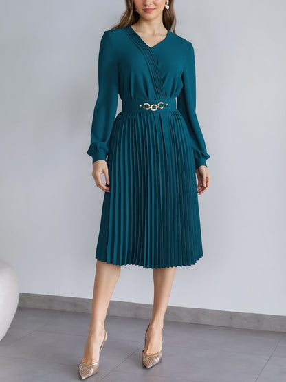 V Neck Long Sleeves Belted Pleated Midi Dress