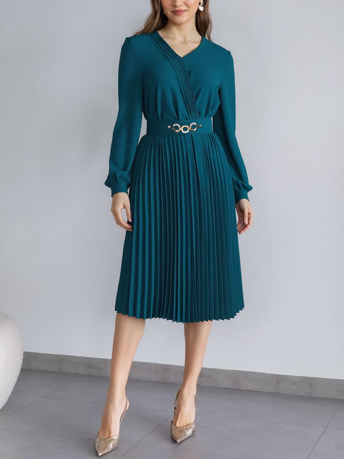 V Neck Long Sleeves Belted Pleated Midi Dress