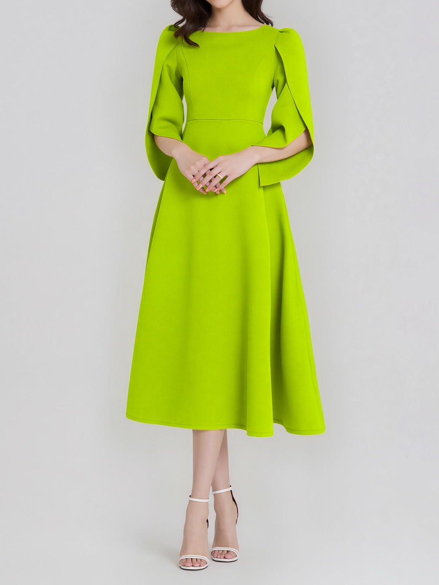 Round Neck Puff 3/4 Sleeves A-Line Midi Dress