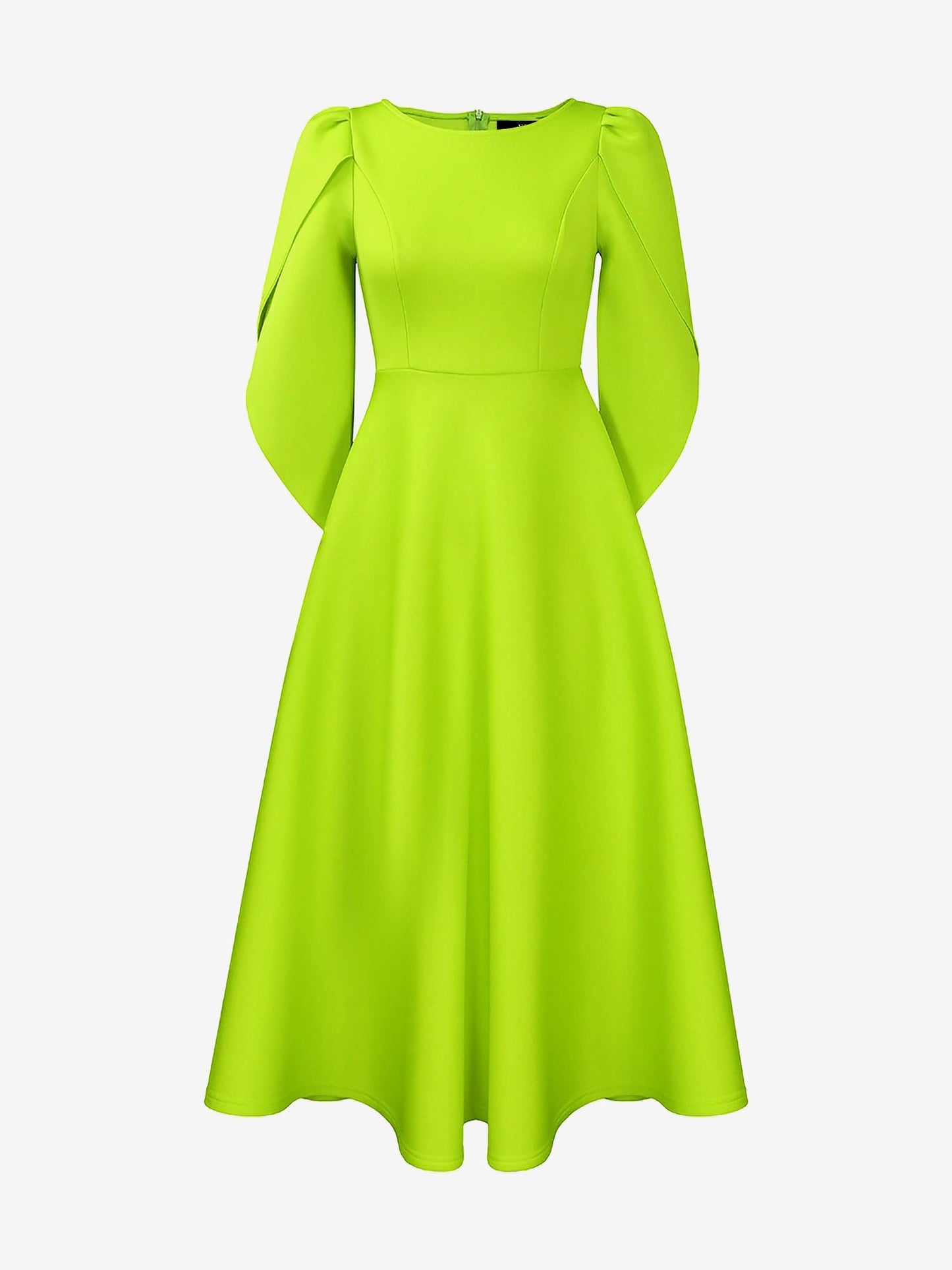 Round Neck Puff 3/4 Sleeves A-Line Midi Dress