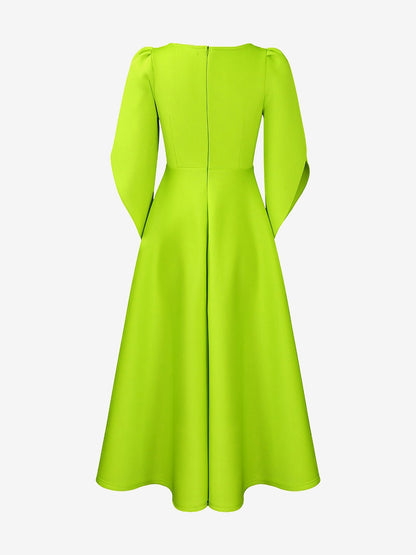 Round Neck Puff 3/4 Sleeves A-Line Midi Dress