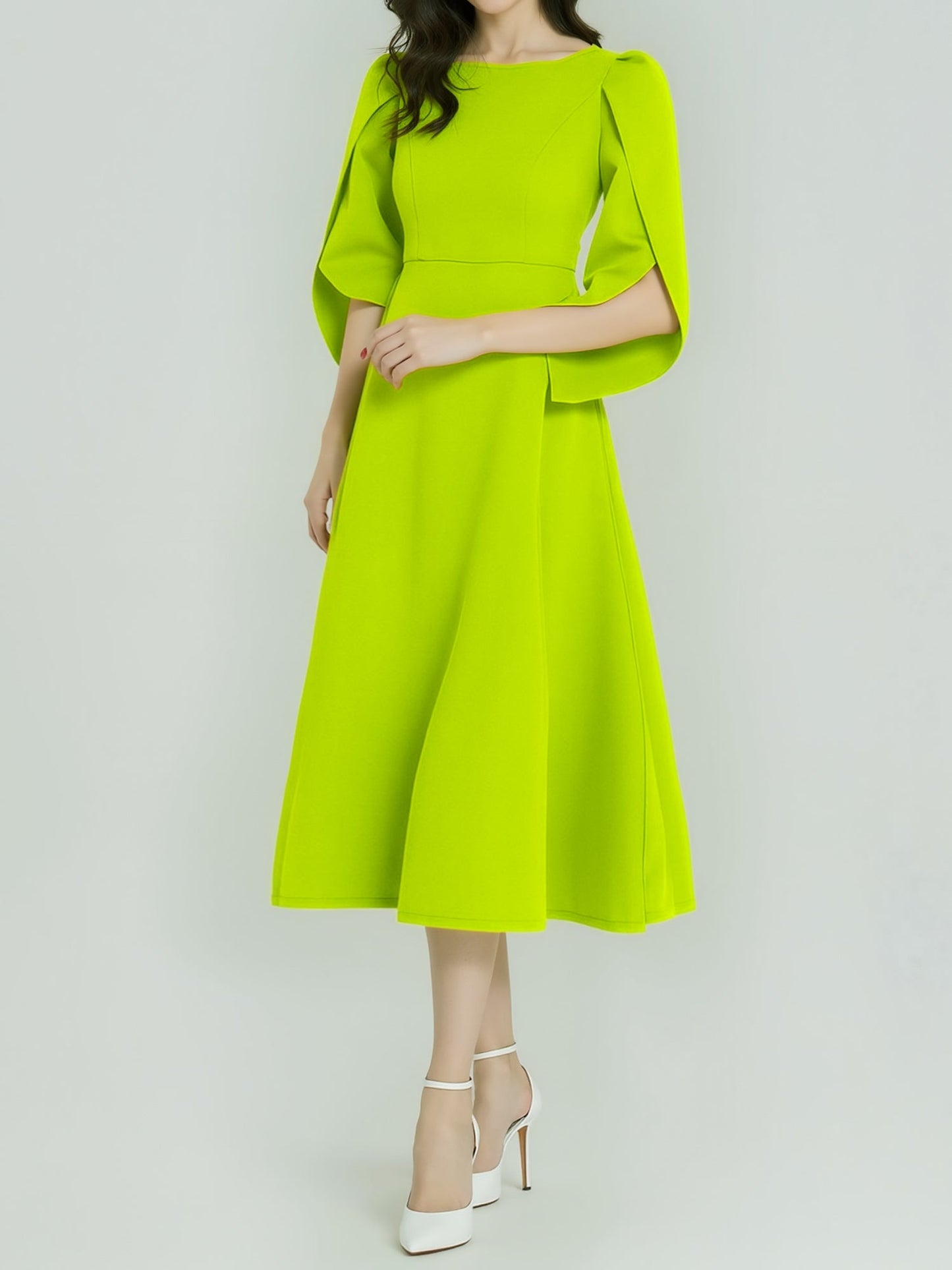 Round Neck Puff 3/4 Sleeves A-Line Midi Dress