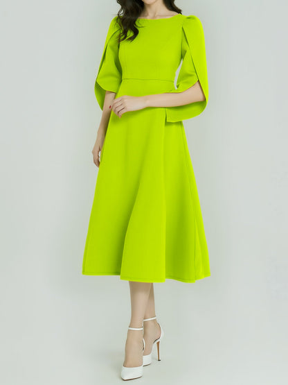 Round Neck Puff 3/4 Sleeves A-Line Midi Dress