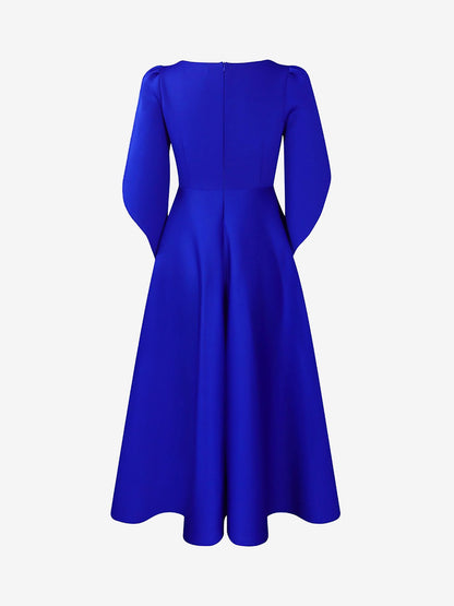 Round Neck Puff 3/4 Sleeves A-Line Midi Dress