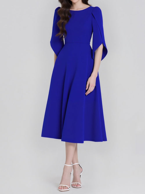 Round Neck Puff 3/4 Sleeves A-Line Midi Dress