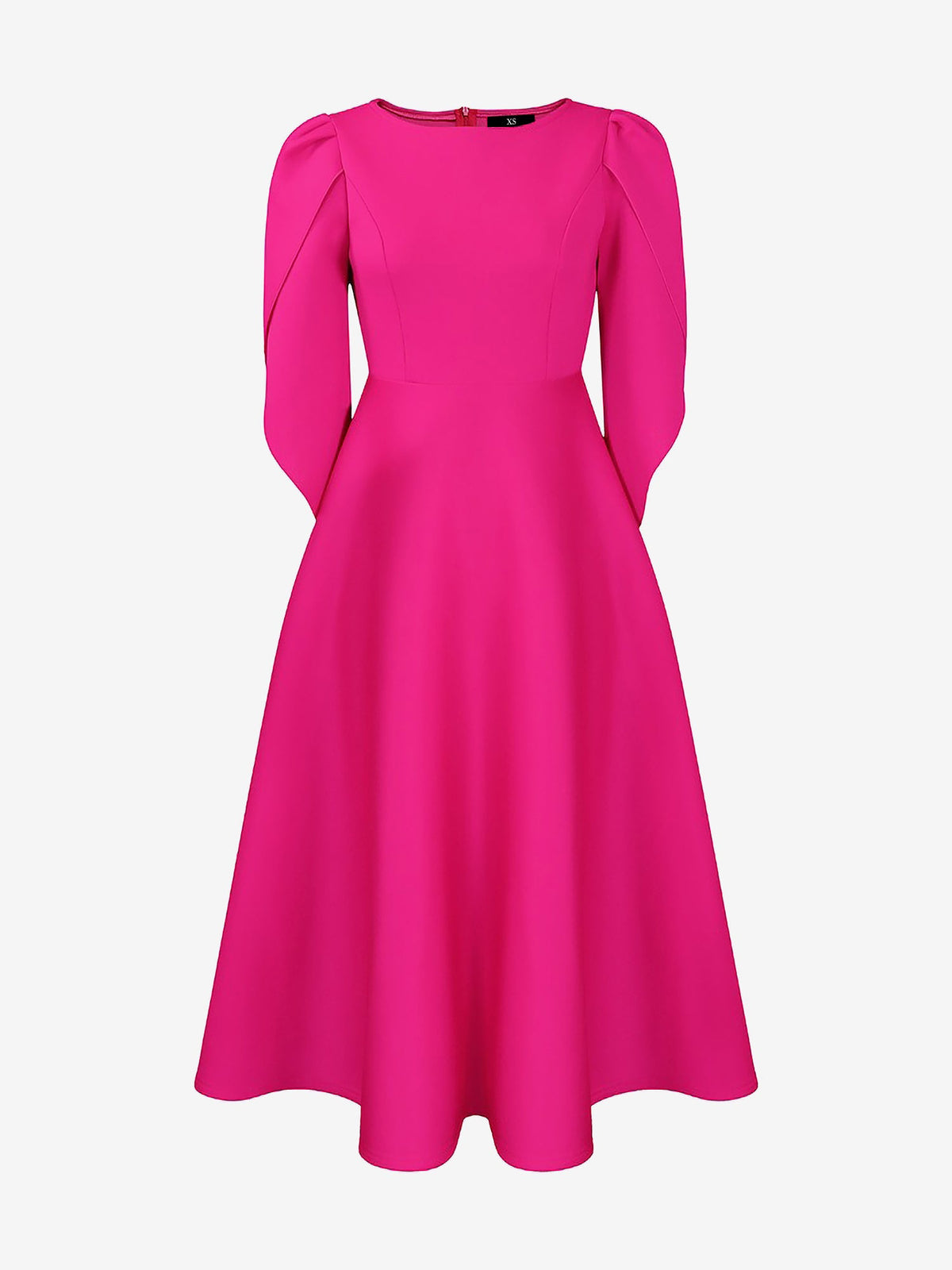 Round Neck Puff 3/4 Sleeves A-Line Midi Dress