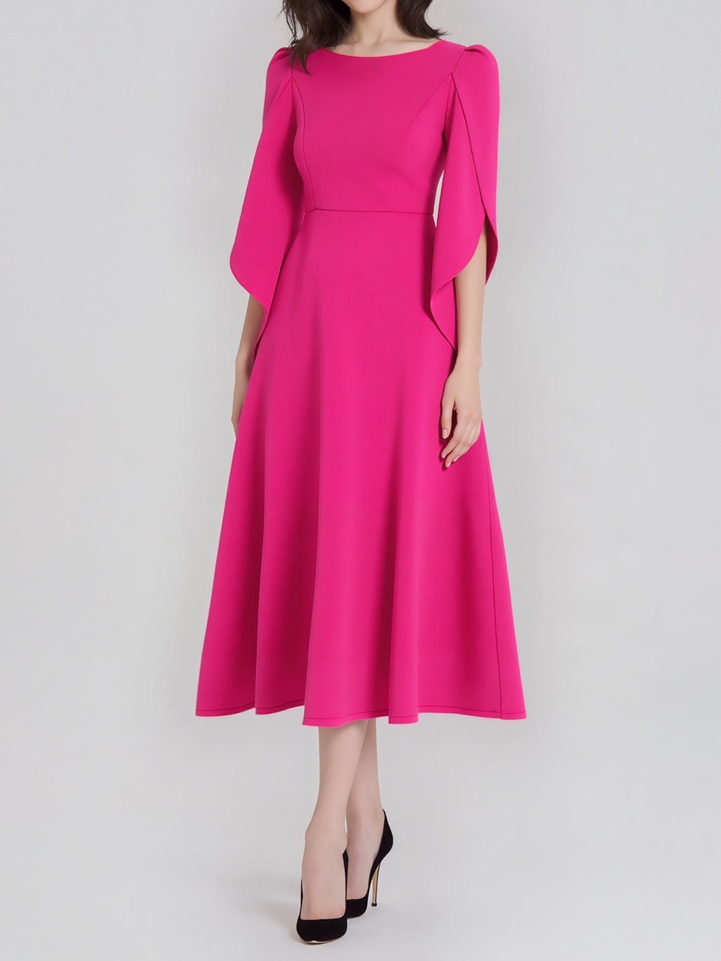 Round Neck Puff 3/4 Sleeves A-Line Midi Dress