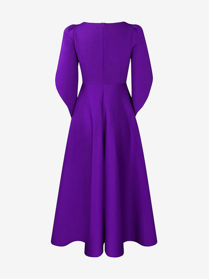 Round Neck Puff 3/4 Sleeves A-Line Midi Dress