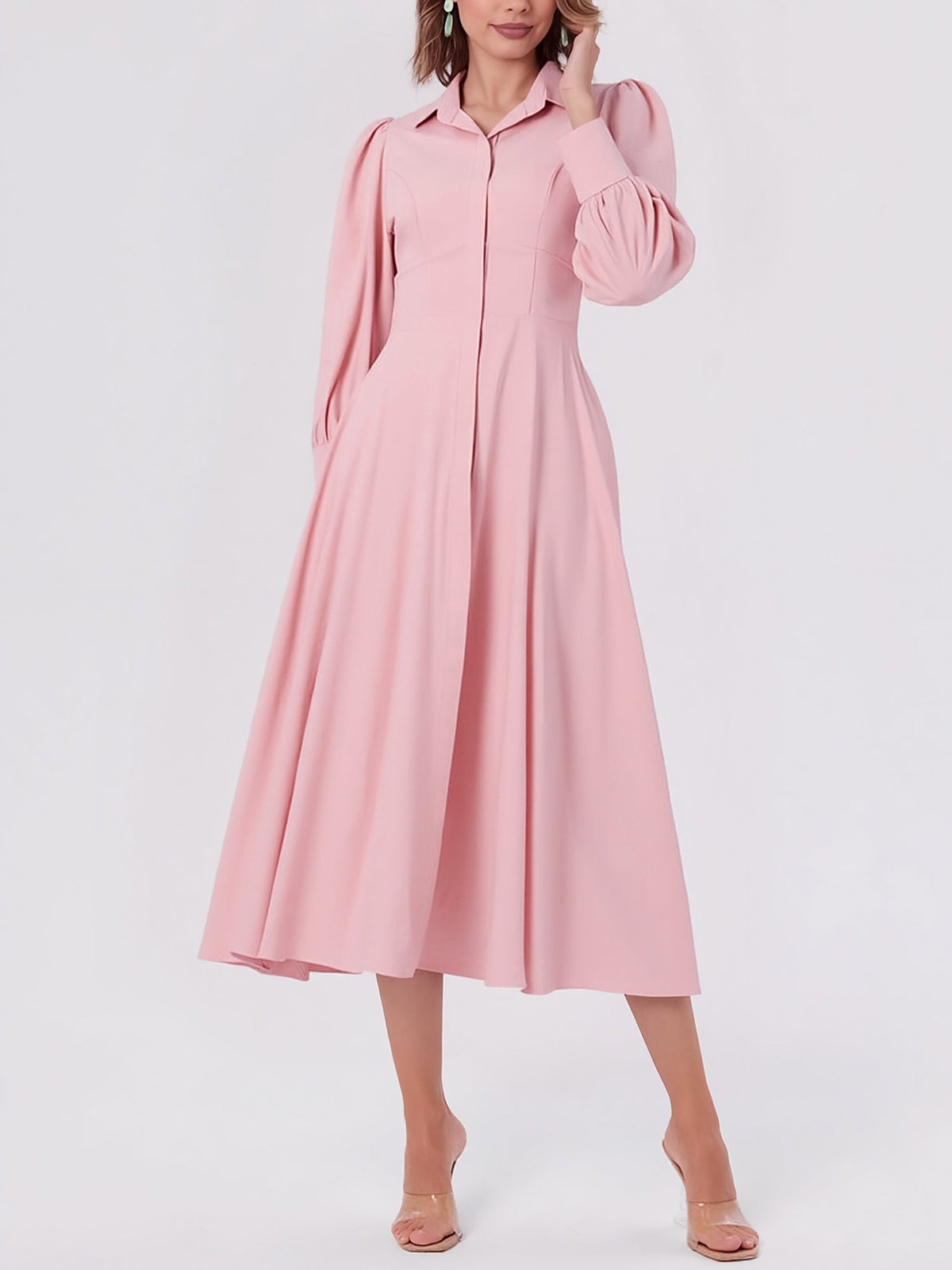 Solid Color Puff Long Sleeves Midi A-Line Shirt Dress
