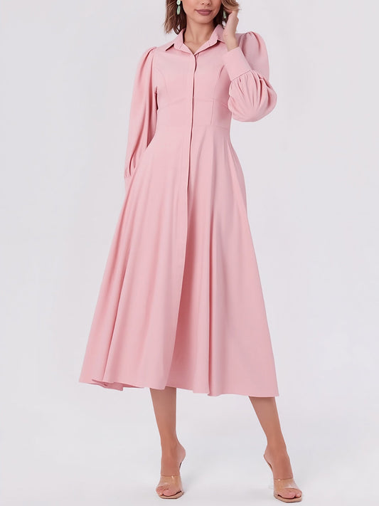 Solid Color Puff Long Sleeves Midi A-Line Shirt Dress