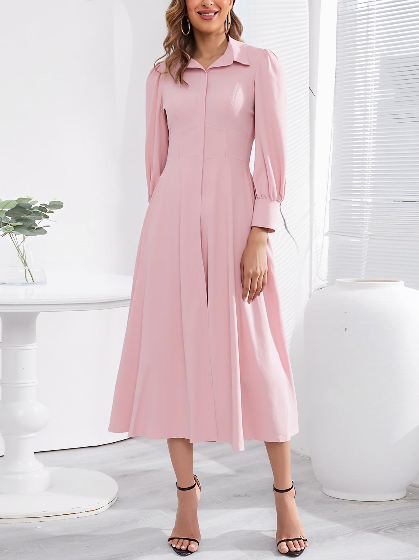 Solid Color Puff Long Sleeves Midi A-Line Shirt Dress