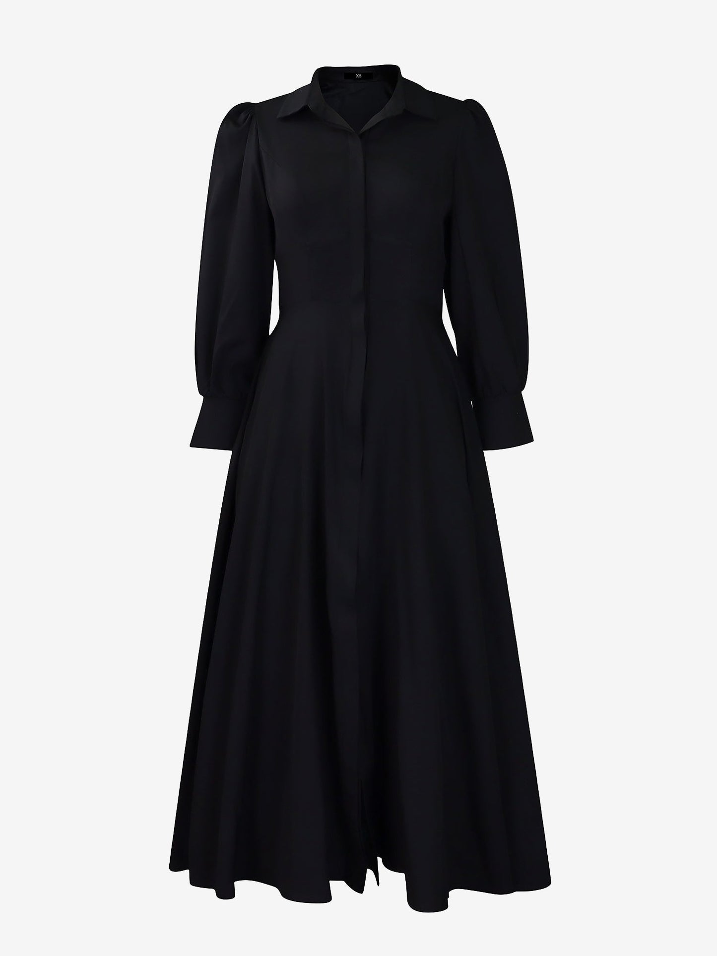 Solid Color Puff Long Sleeves Midi A-Line Shirt Dress