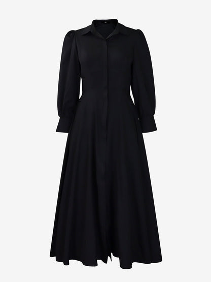 Solid Color Puff Long Sleeves Midi A-Line Shirt Dress
