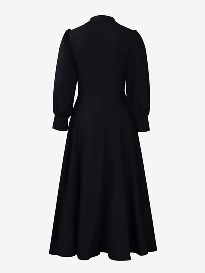 Solid Color Puff Long Sleeves Midi A-Line Shirt Dress