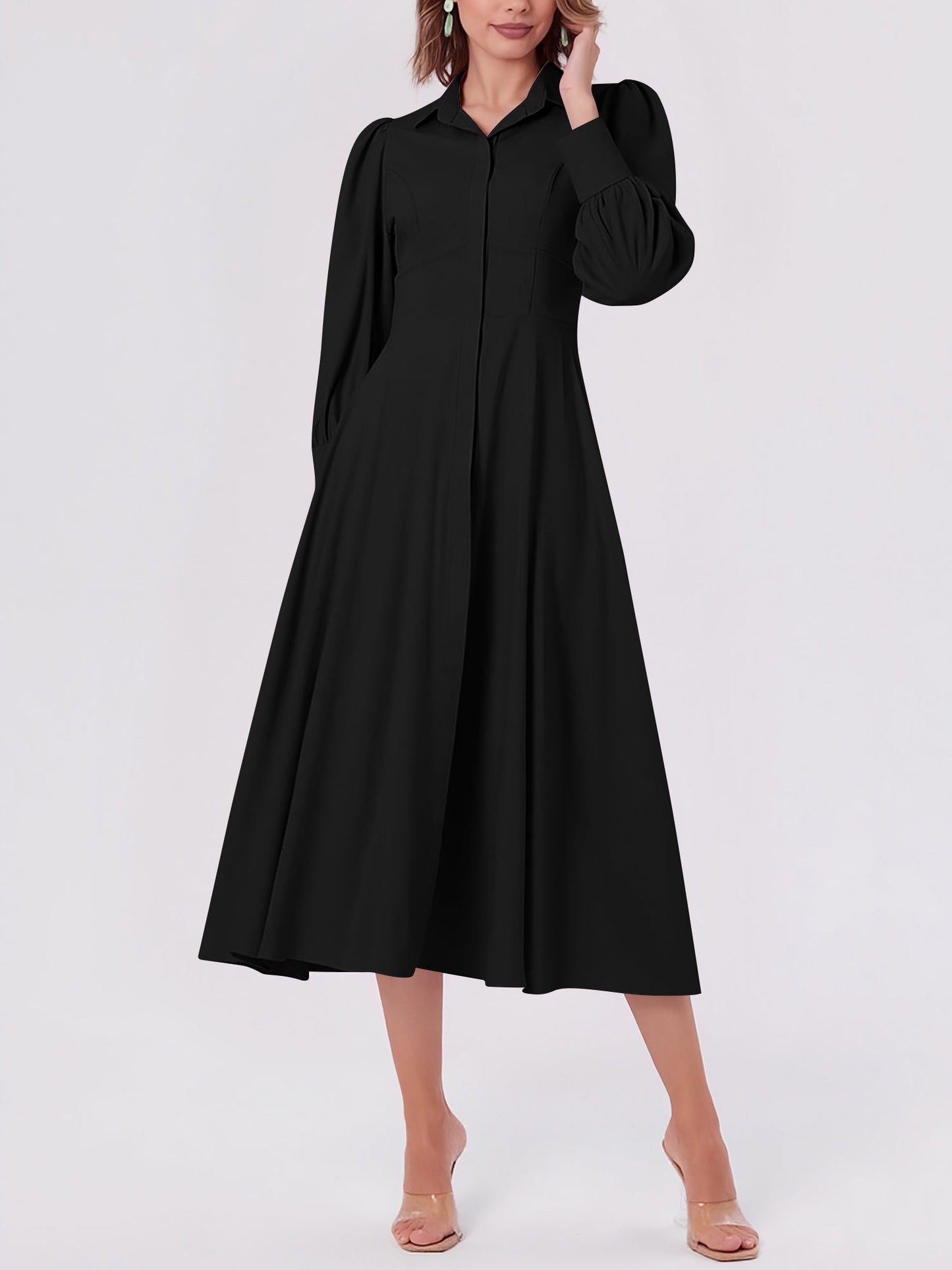 Solid Color Puff Long Sleeves Midi A-Line Shirt Dress