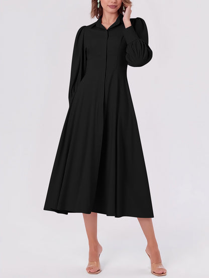 Solid Color Puff Long Sleeves Midi A-Line Shirt Dress