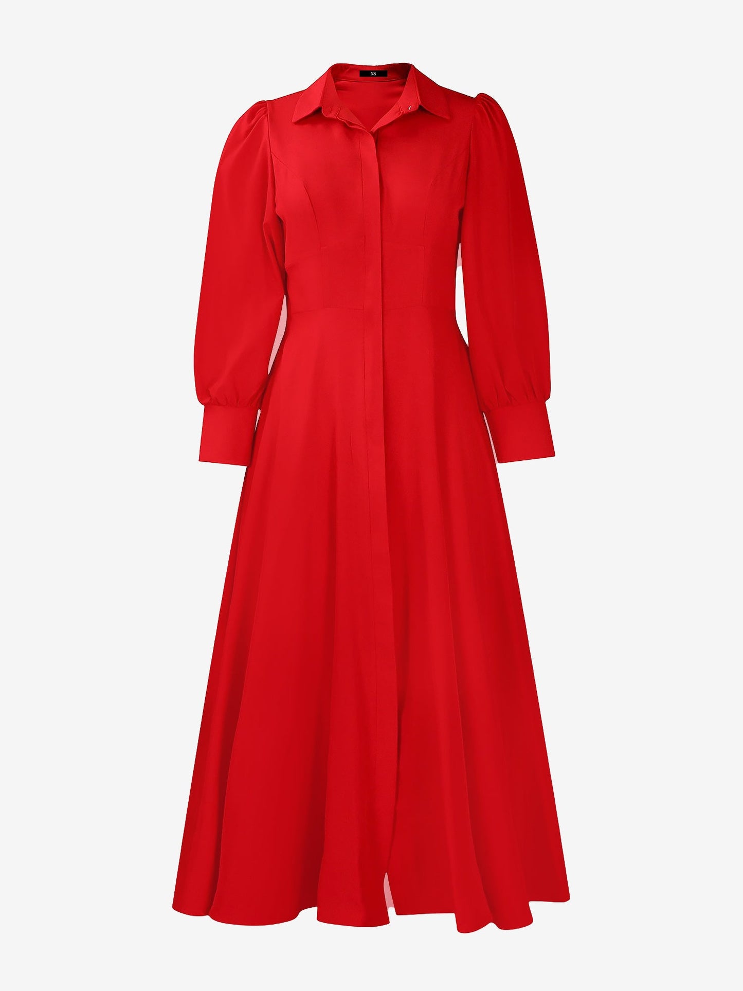 Solid Color Puff Long Sleeves Midi A-Line Shirt Dress