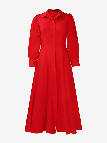 Solid Color Puff Long Sleeves Midi A-Line Shirt Dress