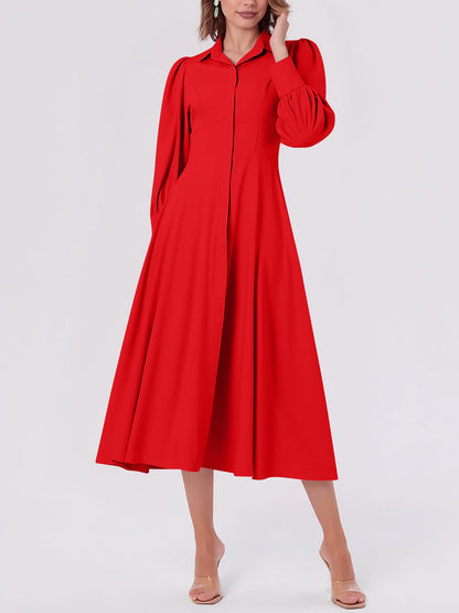 Solid Color Puff Long Sleeves Midi A-Line Shirt Dress