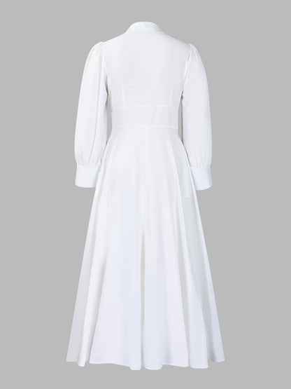 Solid Color Puff Long Sleeves Midi A-Line Shirt Dress