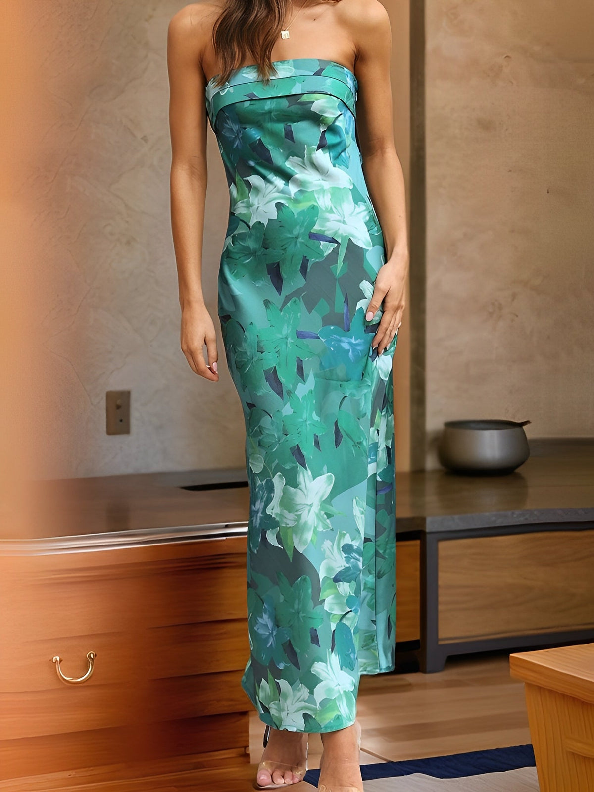 Floral Strapless Backless Maxi Cocktail Dress