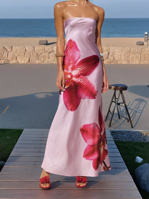 Backless Strapless Floral Print Maxi Dress
