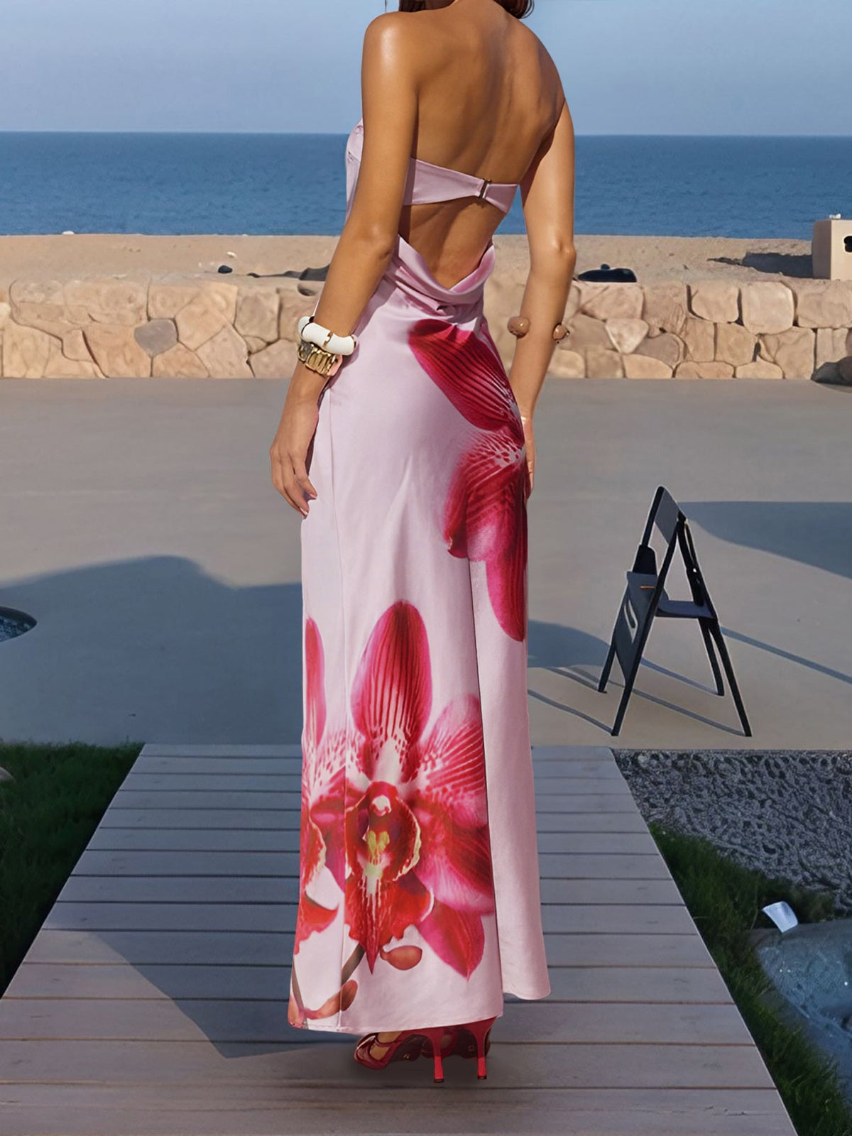 Backless Strapless Floral Print Maxi Dress