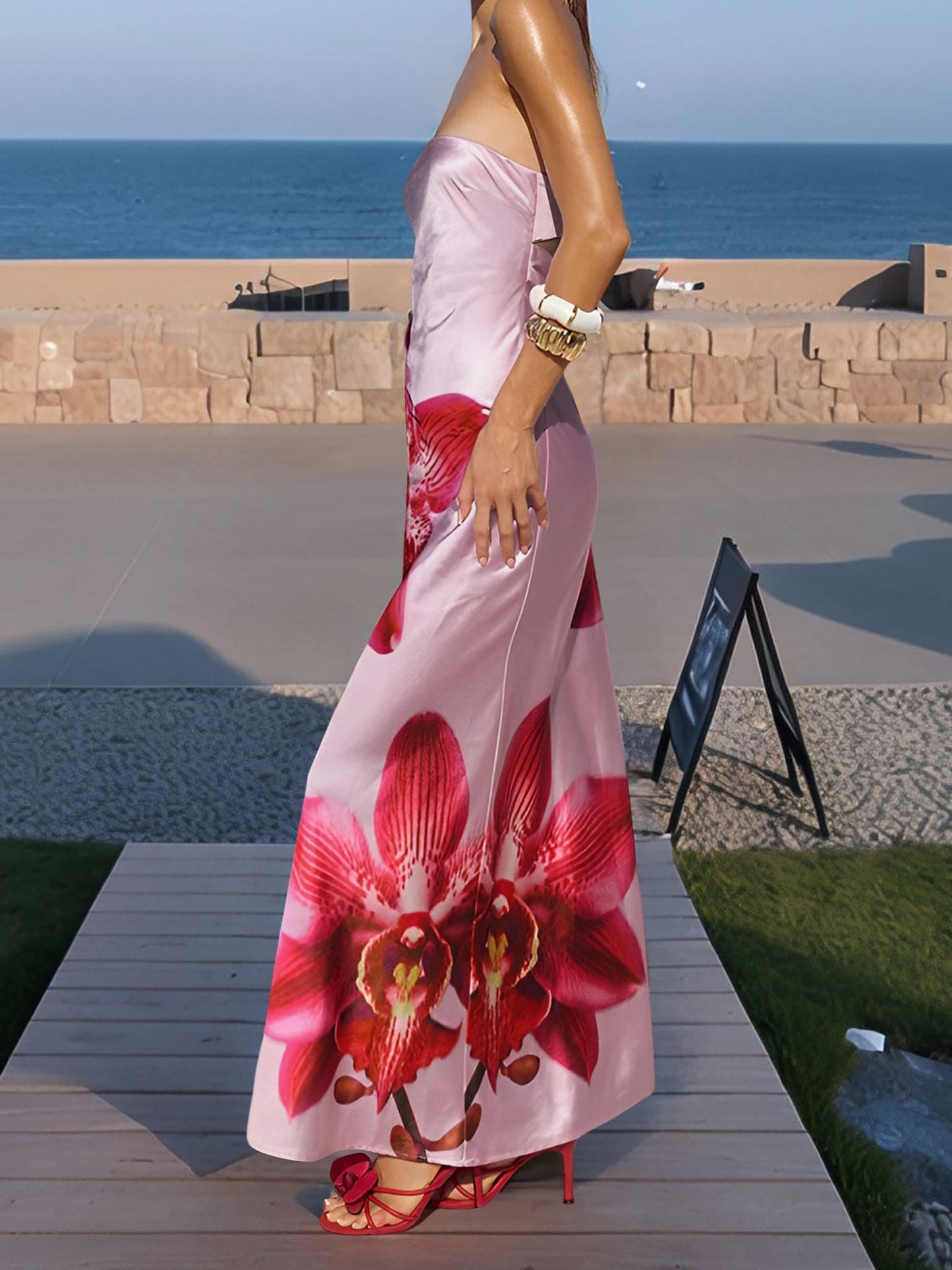 Backless Strapless Floral Print Maxi Dress