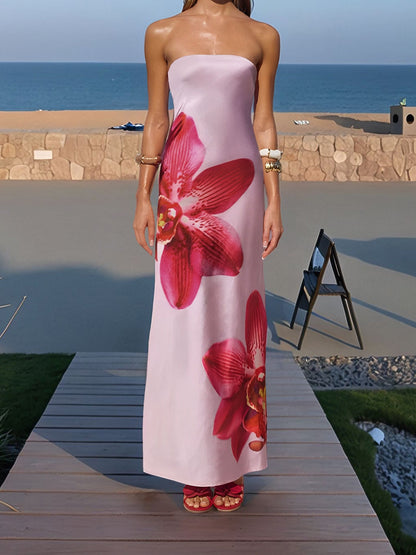 Backless Strapless Floral Print Maxi Dress