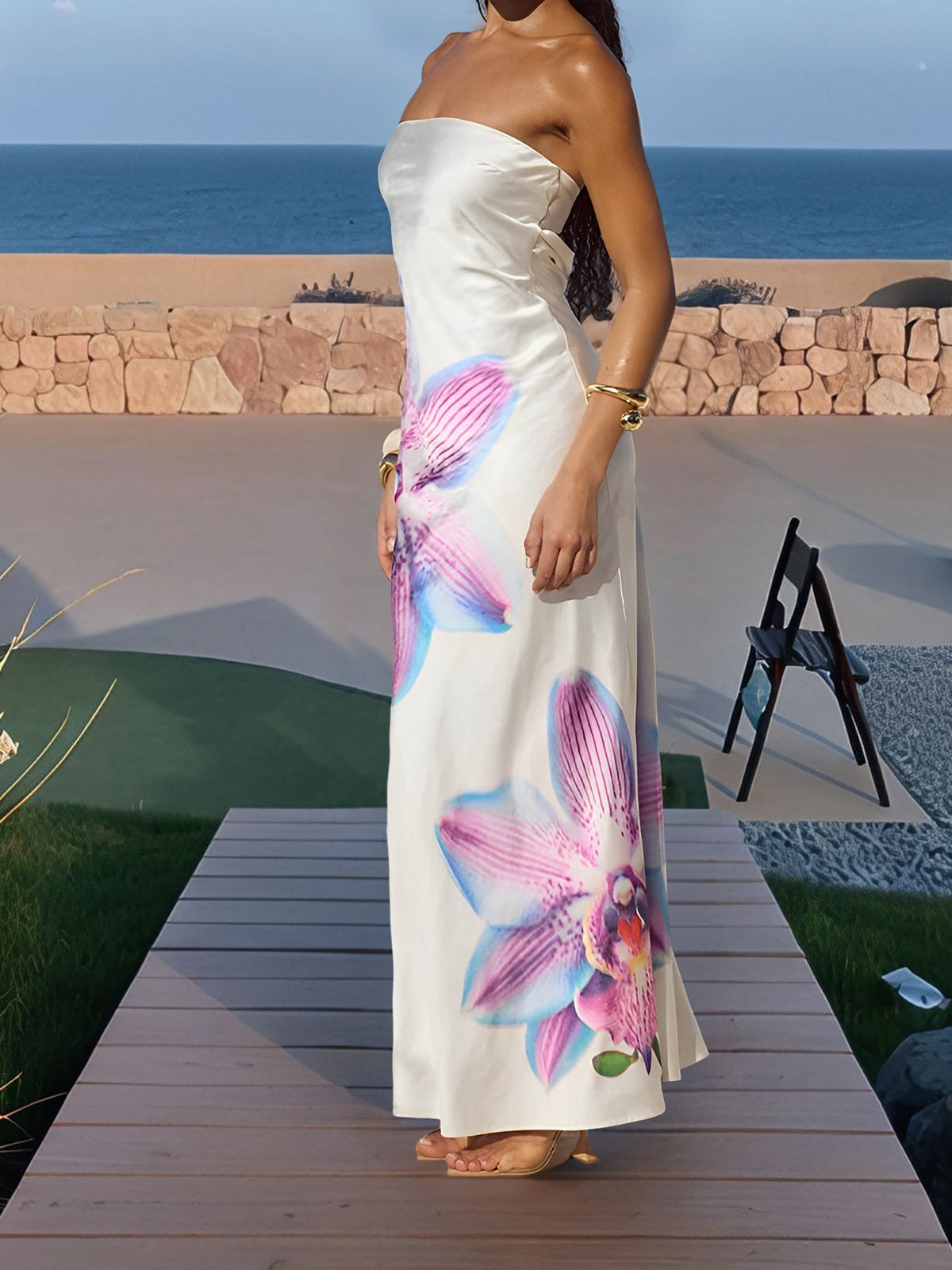 Backless Strapless Floral Print Maxi Dress