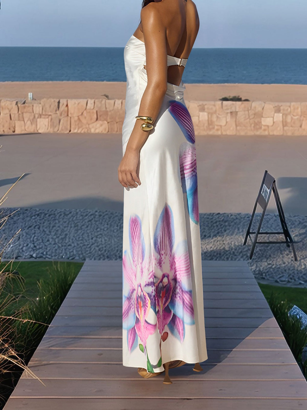 Backless Strapless Floral Print Maxi Dress