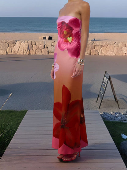 Backless Strapless Floral Print Maxi Dress