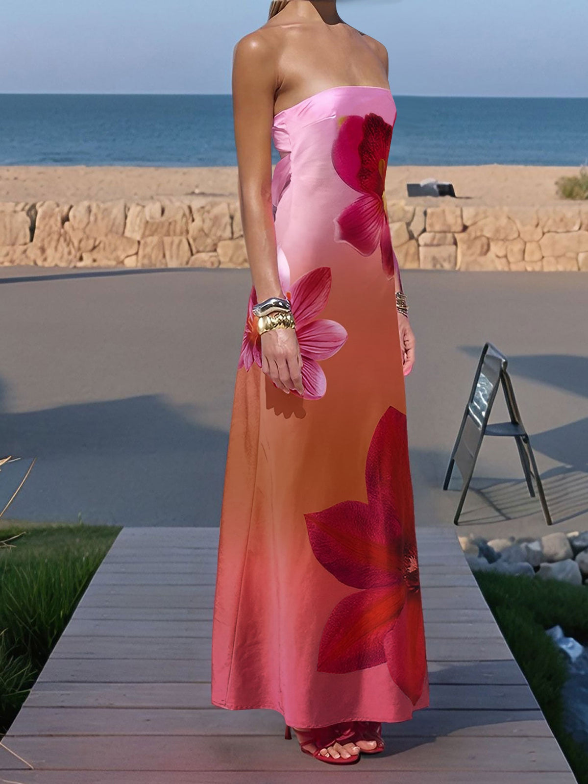 Backless Strapless Floral Print Maxi Dress