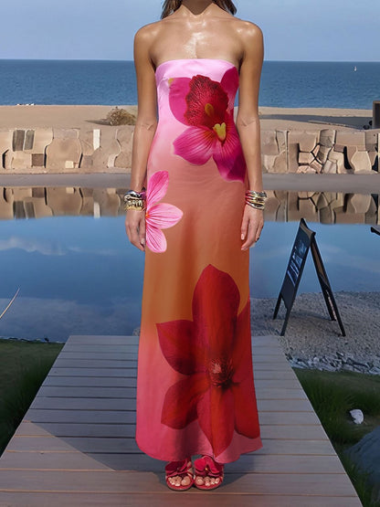Backless Strapless Floral Print Maxi Dress