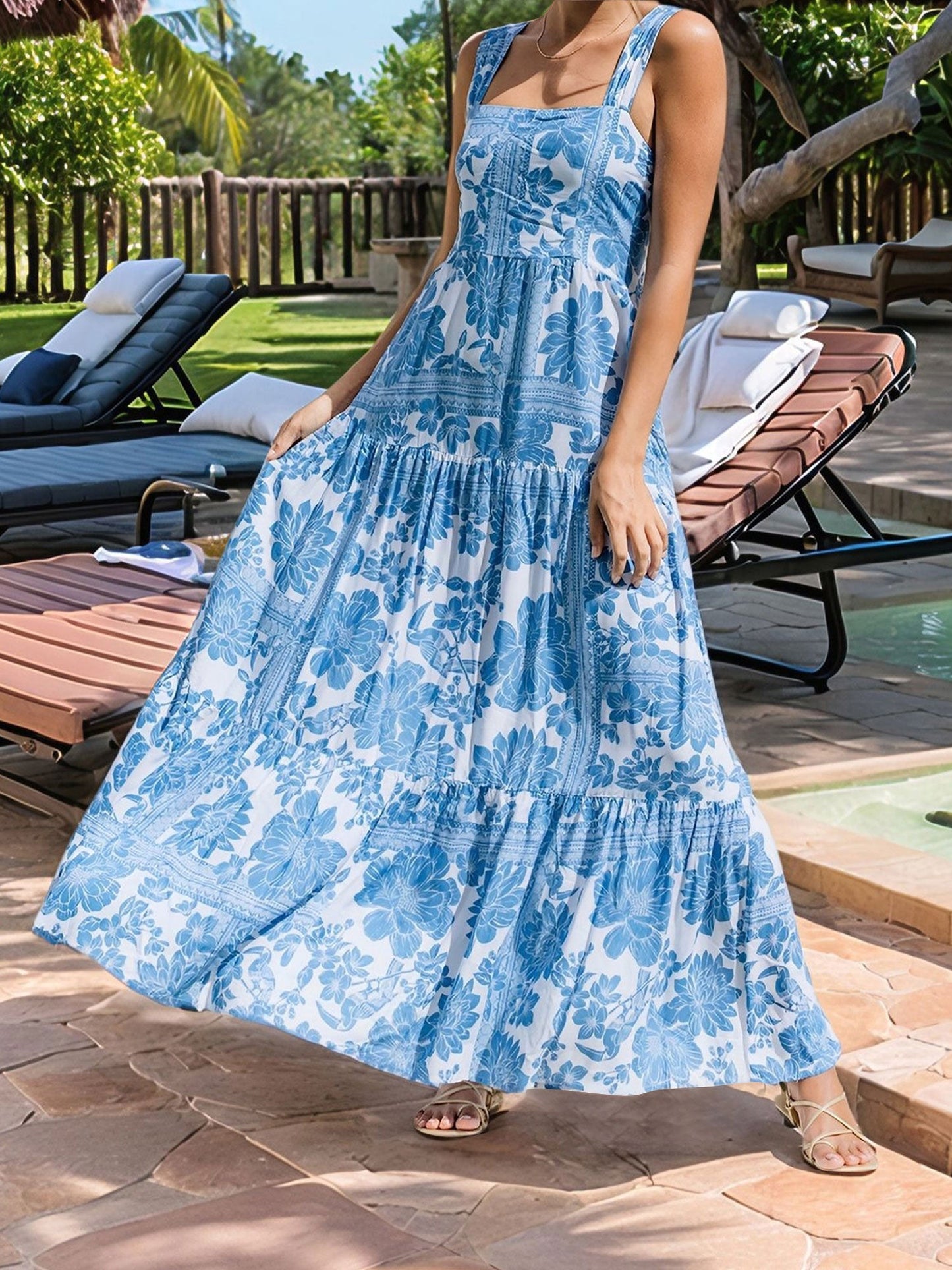 Floral Sleeveless Backless Smocked Tiered Pocket Dress