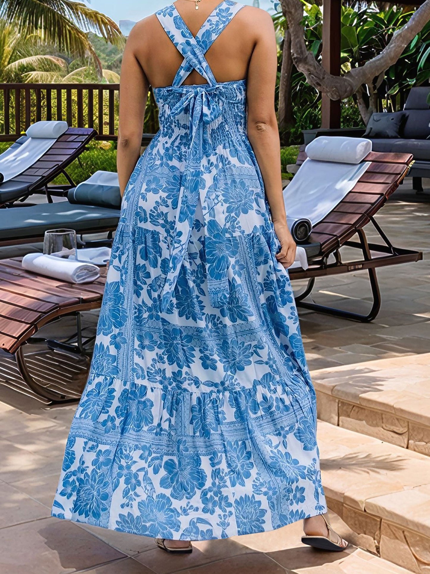 Floral Sleeveless Backless Smocked Tiered Pocket Dress