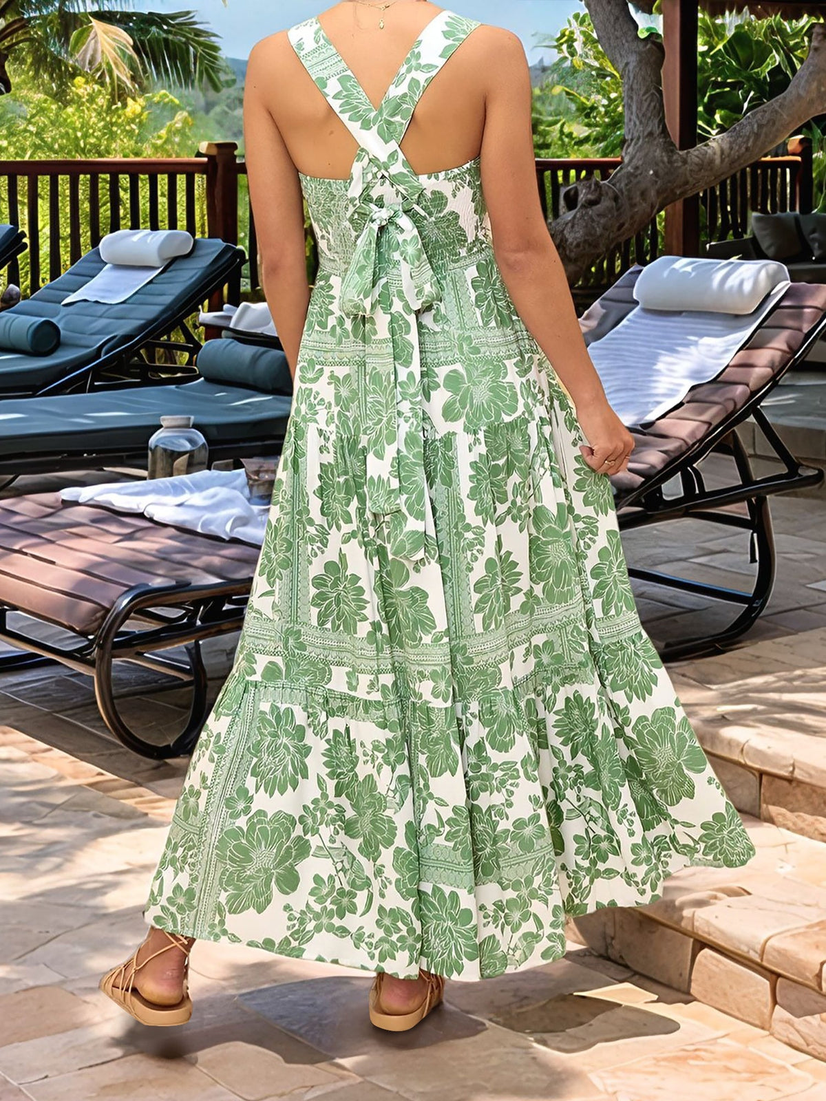 Floral Sleeveless Backless Smocked Tiered Pocket Dress