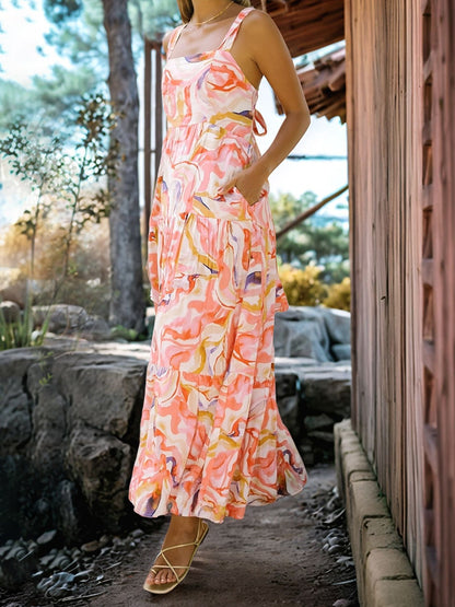 Floral Sleeveless Backless Smocked Tiered Pocket Dress