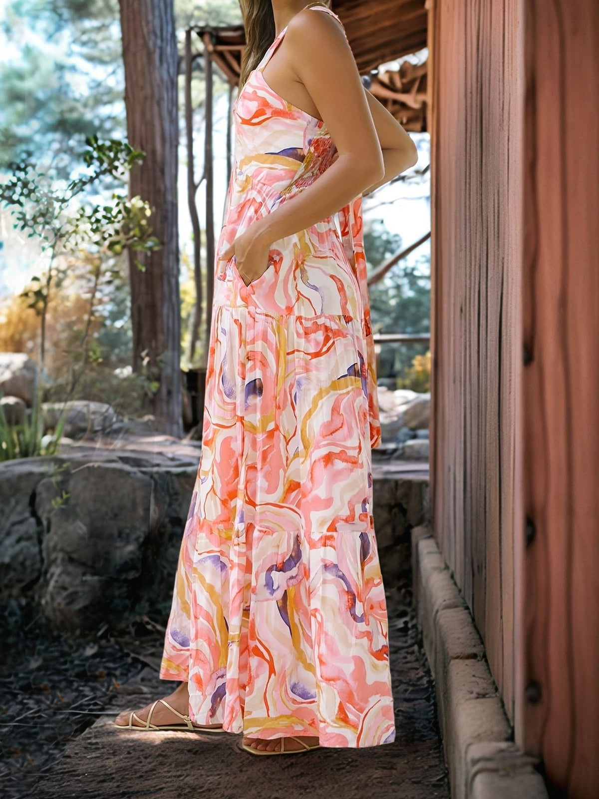 Floral Sleeveless Backless Smocked Tiered Pocket Dress