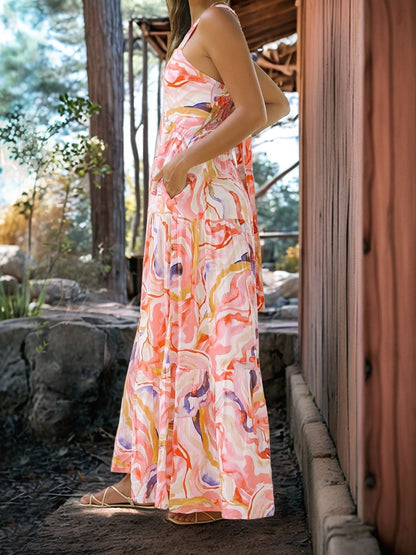 Floral Sleeveless Backless Smocked Tiered Pocket Dress