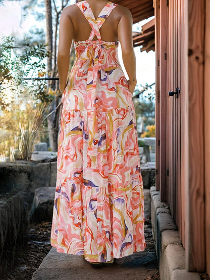 Floral Sleeveless Backless Smocked Tiered Pocket Dress
