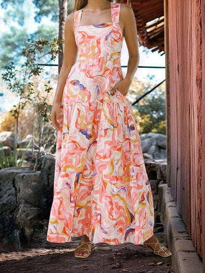 Floral Sleeveless Backless Smocked Tiered Pocket Dress
