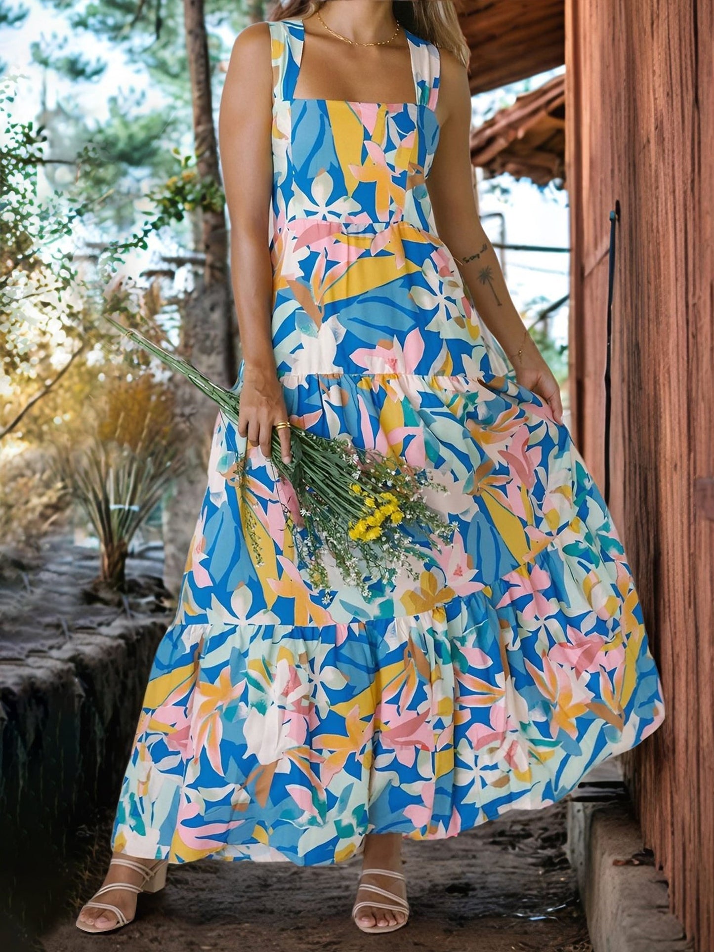 Floral Sleeveless Backless Smocked Tiered Pocket Dress