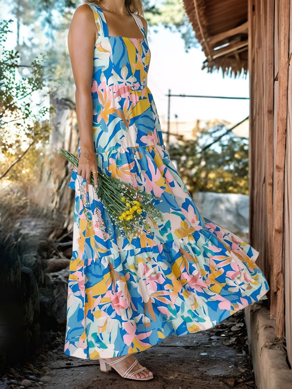 Floral Sleeveless Backless Smocked Tiered Pocket Dress
