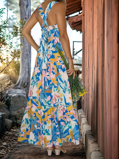 Floral Sleeveless Backless Smocked Tiered Pocket Dress