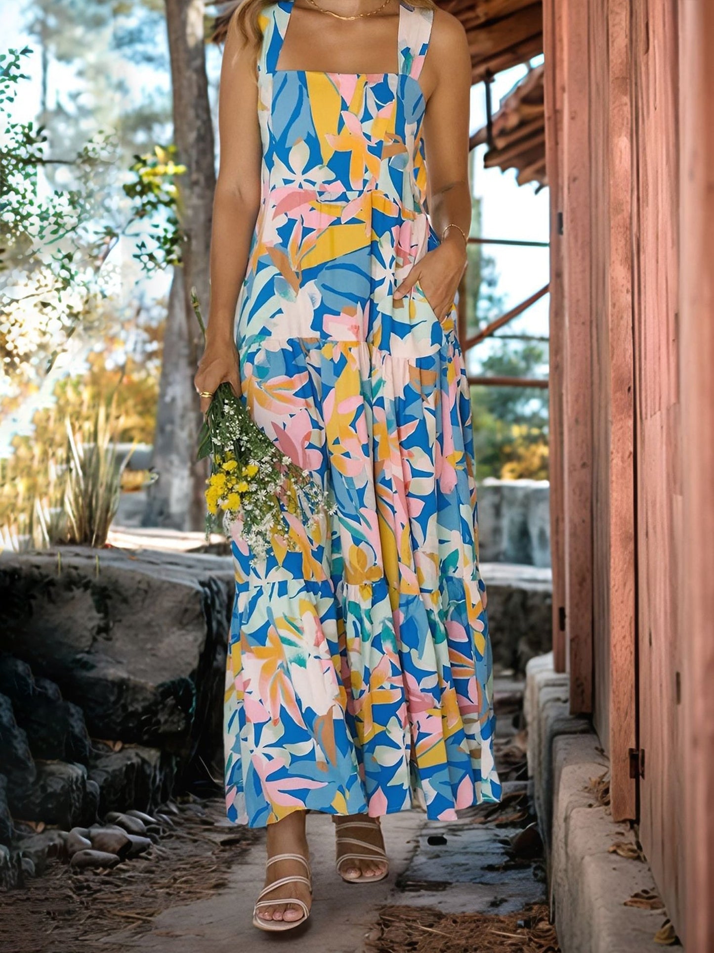 Floral Sleeveless Backless Smocked Tiered Pocket Dress