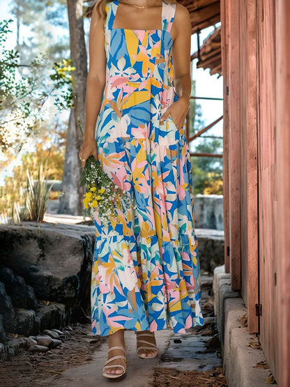 Floral Sleeveless Backless Smocked Tiered Pocket Dress
