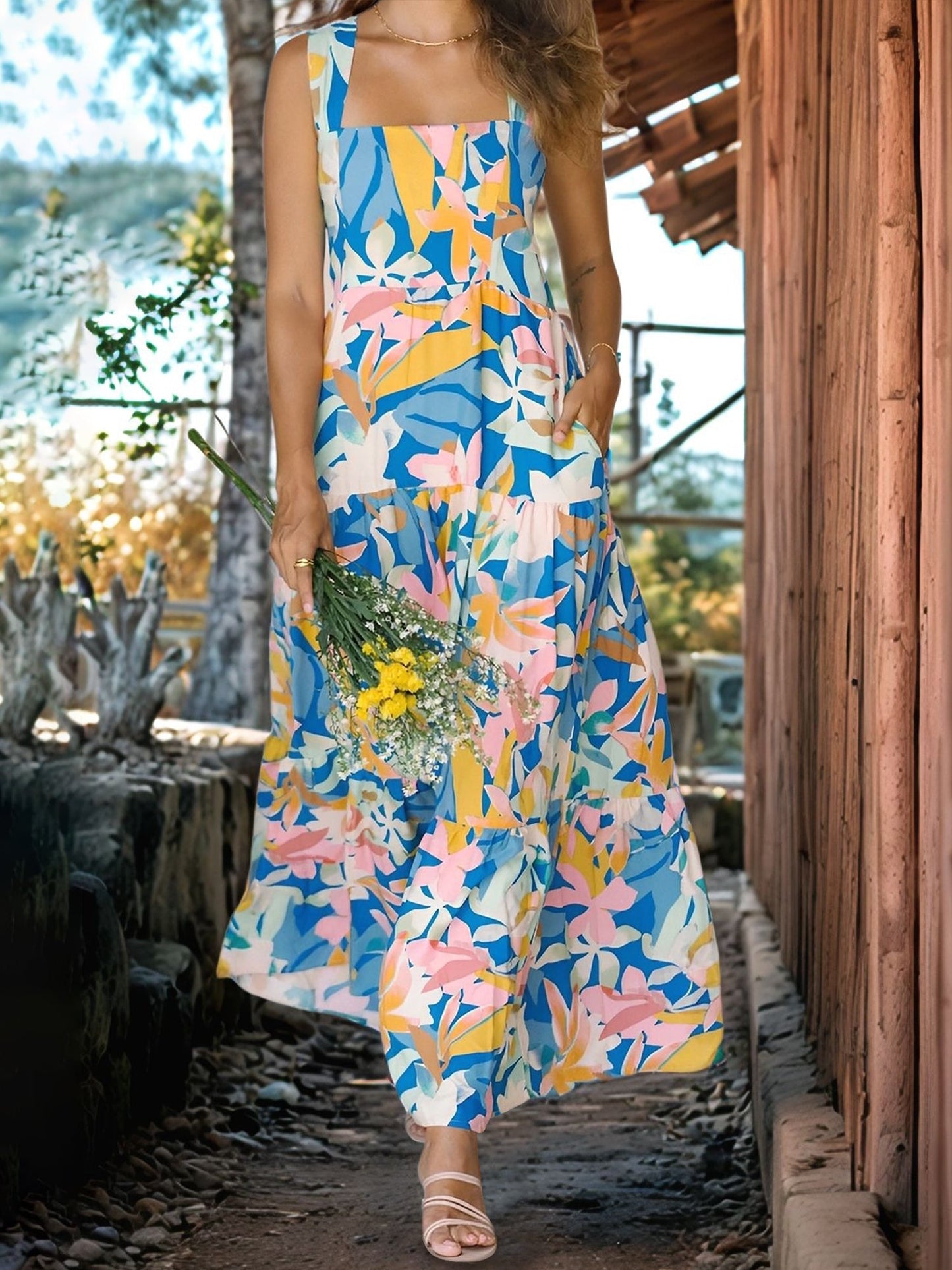 Floral Sleeveless Backless Smocked Tiered Pocket Dress