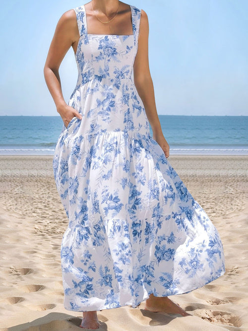 Floral Sleeveless Backless Smocked Tiered Pocket Dress