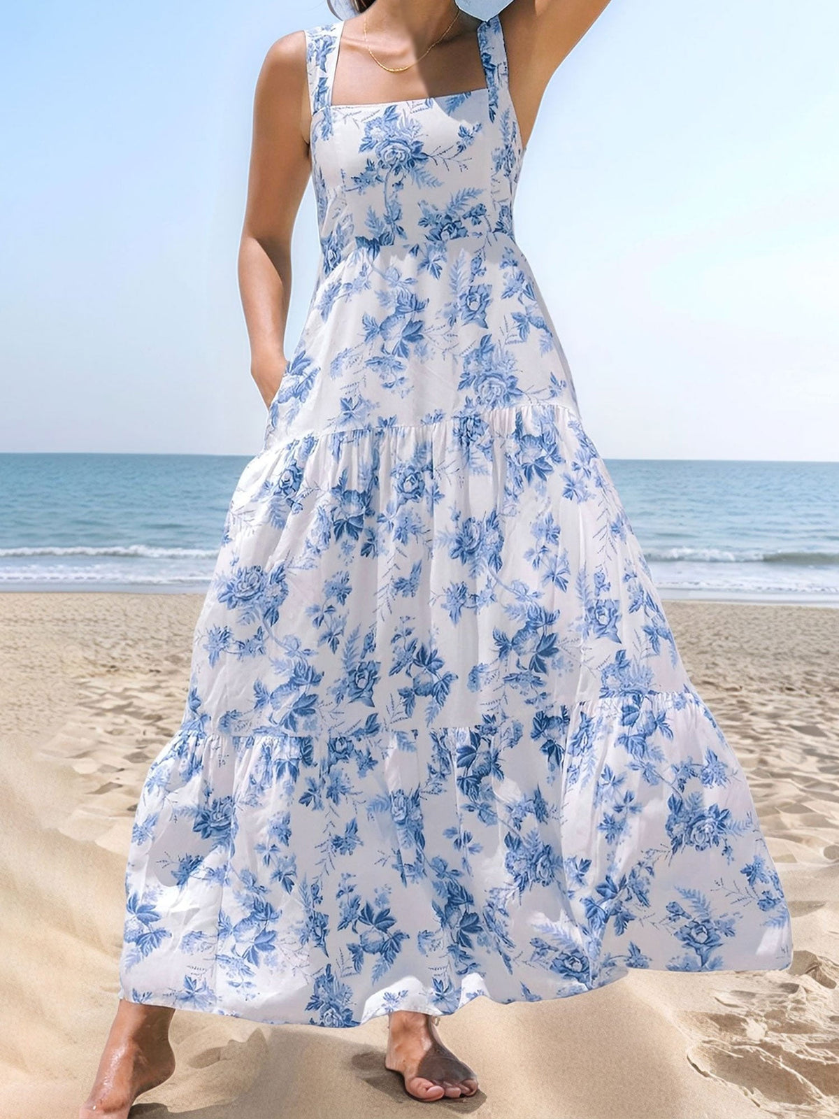 Floral Sleeveless Backless Smocked Tiered Pocket Dress